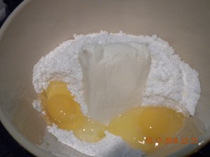 1 box powdered sugar, 2 eggs, 8 oz cream cheese