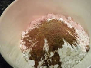3 cups flour, 1 1/2 t salt, 1 t soda, 1 1/2 cinnamon, 1 t cloves, 1/2 t nutmet