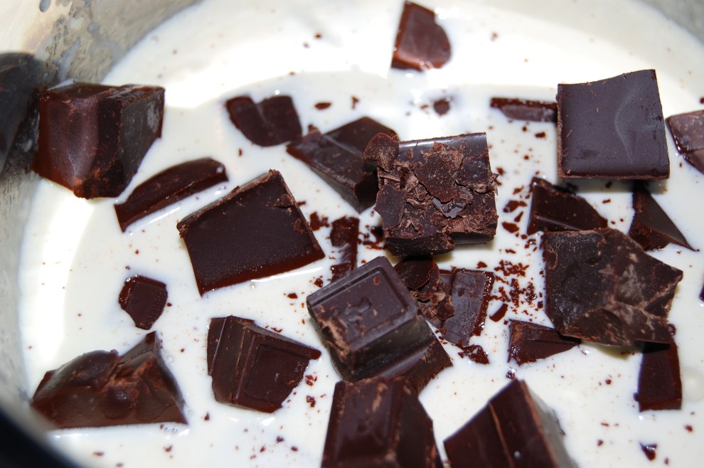 Bring cream to a simmer over medium heat add chocolate and whisk